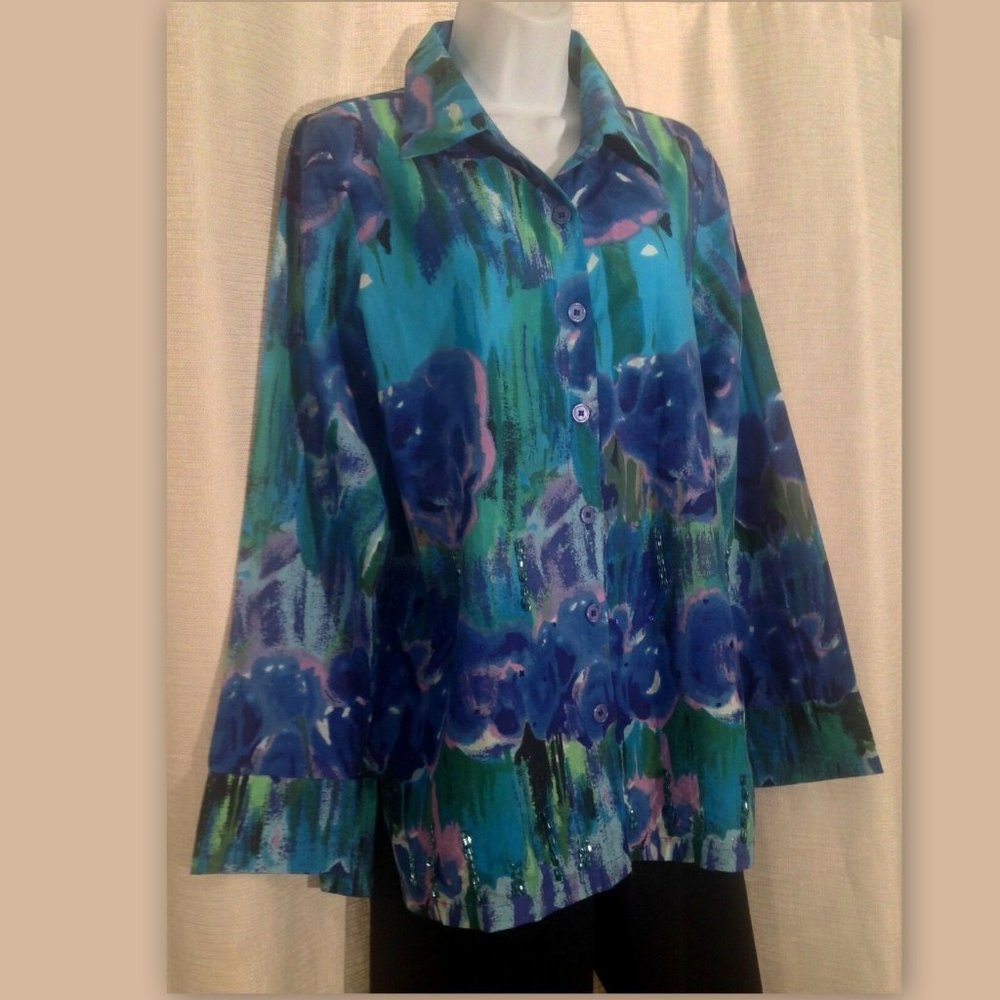 ARTACAPEA Womens Small Blue Purple Watercolor Long Sleeves Beaded Blouse
